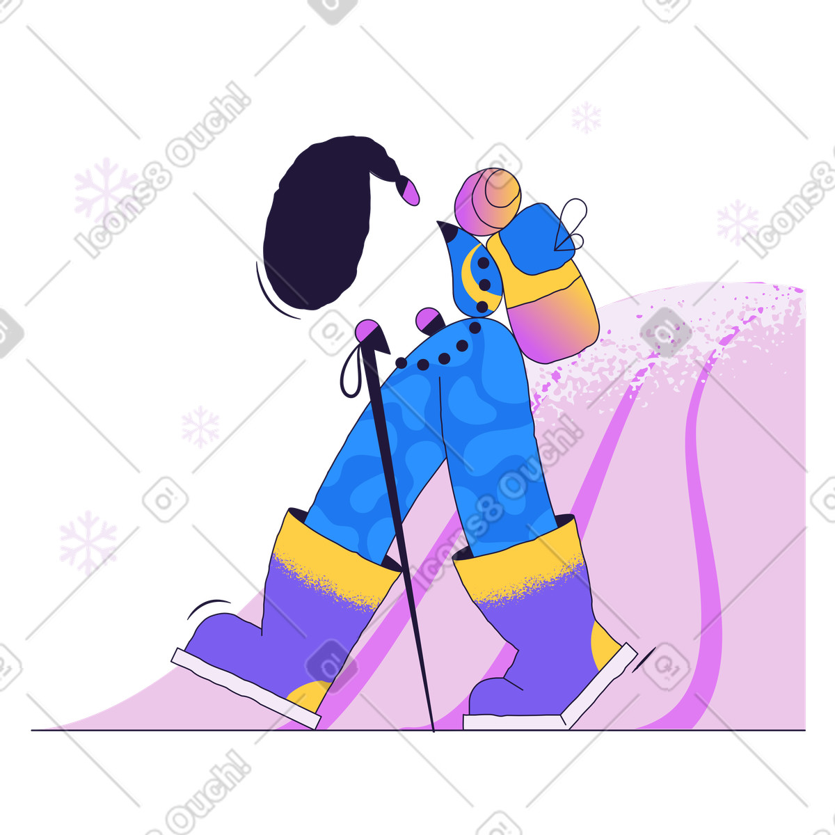 Ilustração de Mulher caminhando com mochila no inverno em estilo Conifer para baixar em PNG, SVG
