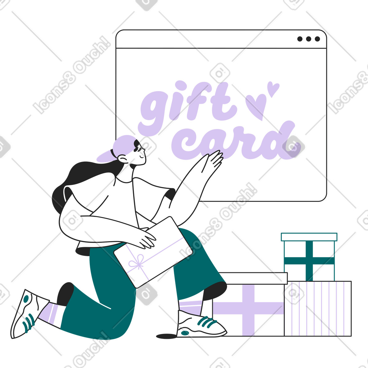 Gift card marketing promotion in digital window, online gifting and celebration illustrazione stile Sammy Line scarica PNG, SVG
