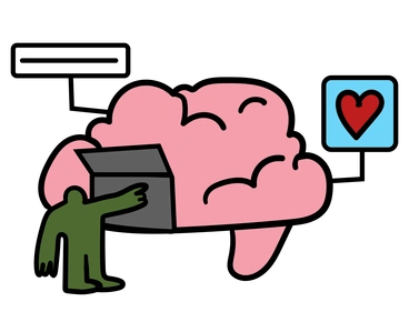 A figure interacting with a brain and heart - Wiggle style illustration