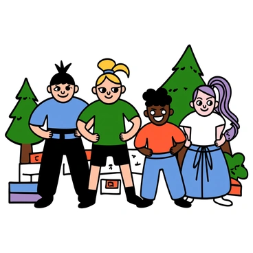 A group of four young ninjas standing together in a powerful pose at the training grounds. The first ninja is a light-skinned boy with spiky black hair, wearing a dark blue shirt and dark pants, with a determined expression on his face. The second ninja is a girl with big eyes and blonde hair in a ponytail, dressed in a green shirt and black shorts, displaying confidence. The third ninja, with dark skin and a wide grin, has short curly hair and is wearing a red shirt and blue pants. The fourth member, a girl with pale skin and long purple hair, is wearing a white shirt and a skirt, looking fierce. They are surrounded by training equipment and trees in the background, showcasing their teamwork and readiness for challenges ahead.