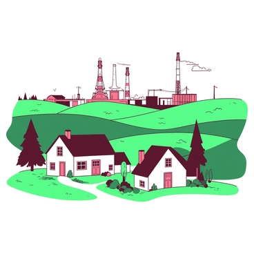 A small town with a few cozy houses is nestled in a green valley. The houses have colorful doors and neatly kept gardens. In the distance, the outline of large fracking equipment is visible against the horizon. The equipment includes towering rigs, pipes, and storage tanks, contrasting with the town's peaceful appearance. The sky above is clear, allowing for bright sunlight to illuminate the scene.