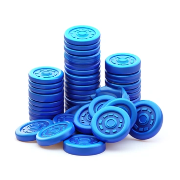 Stacks of digital coins with a futuristic design, featuring sleek metallic surfaces and glowing neon edges. Each coin has intricate circuit patterns etched onto its surface. The coins are arranged in a visually appealing manner, showcasing varying sizes and heights to create depth. The background is a subtle gradient, enhancing the high-tech feel of the scene.