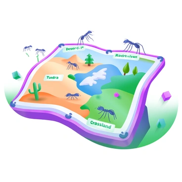 A large display map featuring various biomes, including a desert, rainforest, tundra, and grassland. On the map, numerous ants are actively exploring each biome. The ants are depicted in different sizes, with detailed features showing their legs and antennae. The desert biome includes cacti and sand dunes, while the rainforest biome is lush with green trees and vibrant flowers. The tundra section is characterized by icy patches and sparse vegetation, and the grassland biome features tall grasses and wildflowers. Each biome is marked with clear labels to indicate its type.