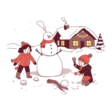 A snowy landscape with children building snowmen and a cozy cabin nearby