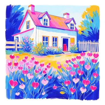 A rustic farmhouse with wooden beams and a sloping roof stands prominently. The walls are a weathered white, showing signs of age. In the front yard, a garden filled with "bleeding heart flowers" blooms cheerfully, displaying their distinctive pink and white heart-shaped blossoms. Lush green foliage surrounds the flowers, creating a vibrant contrast against the farmhouse. A wooden fence encloses the garden, adding to the rustic charm of the scene.