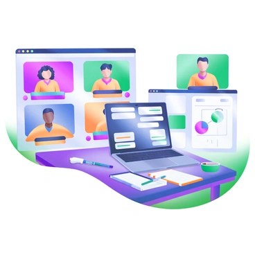 A modern pastel illustration depicting a video conference setting featuring multiple screens showing factory representatives from different countries. Each screen displays a representative engaged in discussion, with varying backgrounds representing their respective factories. In the center, a laptop is open, showing a large video call interface. On the table in front of the laptop, there are notebooks, pens, and a coffee cup. The atmosphere is collaborative, with charts and project plans visible on the screens.