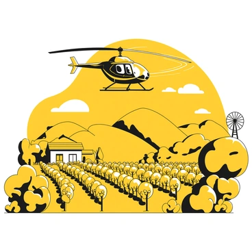 A private helicopter is descending towards a vineyard, the rotor blades creating a dynamic motion above. The helicopter has a sleek black exterior. Below, the vineyard is filled with neatly arranged rows of grapevines with plump clusters of grapes hanging. The landscape is dotted with rolling hills in the background, and there are patches of vibrant greenery surrounding the area. Nearby, a rustic farmhouse and a small windmill are visible among the vines, adding charm to the setting. The sky is clear, creating a bright atmosphere over the scenic location.