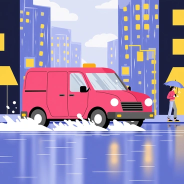 A red delivery car is splashing through a wet, rainy city street. The car's tires are sending up large droplets of water as it navigates the slick pavement. Raindrops are visible on the windshield and the ground reflects the colorful streetlights. Surrounding the street, there are tall buildings with illuminated windows, and a few pedestrians holding umbrellas are hurrying along the sidewalk. The sky is overcast with dark clouds, emphasizing the rainy atmosphere of the scene.