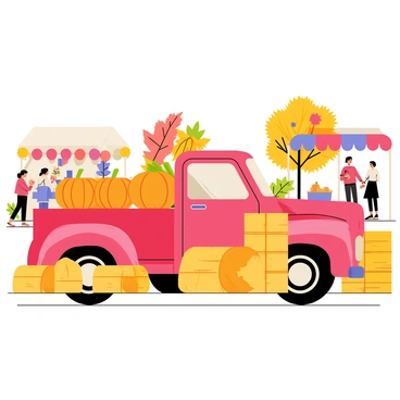 A bright red truck is parked at a bustling autumn market. The truck has a shiny, polished exterior and an open back filled with a variety of orange pumpkins of different sizes. Surrounding the truck, there are several large, round hay bales stacked neatly. The market is lively, with people walking around, browsing stalls adorned with colorful fall decorations. Brightly colored leaves from nearby trees blanket the ground, adding to the vibrant autumn atmosphere.