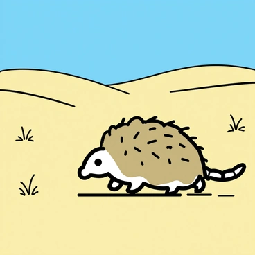 A pangolin, with its distinctive scaly armor, is slowly moving across the golden sandy dunes. The desert landscape stretches out in all directions, with gently rolling hills of sand. Bright sunlight casts sharp shadows behind the pangolin, highlighting its unique features. Sparse tufts of dry grass are scattered across the dunes, contrasting with the smooth sand. In the distance, a clear blue sky meets the horizon, completing the tranquil desert scene.