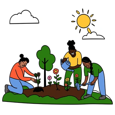 A group of diverse people planting young trees and tending to colorful flower gardens on a flat landscape. One person, with light skin and curly hair, is kneeling in the soil, placing a small tree sapling in a hole. Another person, with dark skin and braided hair, is watering flowers with a blue watering can. A person with medium skin and straight black hair is using a small shovel to aerate the soil nearby. The sun is shining brightly in the sky, and a few fluffy clouds float above, creating a sense of a vibrant and lively atmosphere filled with greenery and blooming flowers.