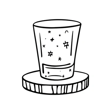 A shot glass placed on a wooden surface, with intricate designs of tiny stars and constellations etched into the glass. The etchings are visible through the transparent surface, creating delicate patterns that reflect light. The shot glass stands upright, showcasing the detailed craftsmanship of the celestial designs.