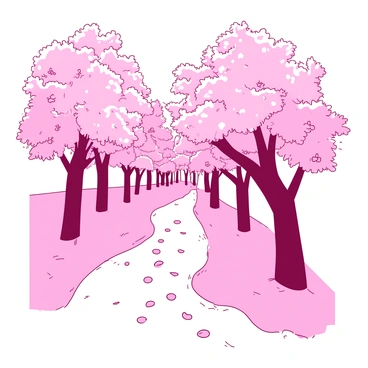 A pink path is winding through a row of cherry blossom trees in full bloom. The branches are heavy with clusters of delicate pink flowers, creating a canopy overhead. Soft petals are gently falling from the trees, carpeting the ground in a light pink hue. The sun is shining through the blossoms, casting dappled shadows on the path. A gentle breeze is rustling the leaves, adding a sense of movement to the tranquil scene.