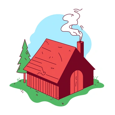 A red cozy house made from matchsticks sits on a small green patch of grass. The house has a roof shaped like a triangle, constructed entirely from matchsticks stacked neatly. A thin stream of white smoke curls from the chimney, spiraling upward against a clear blue sky. Each matchstick is visible, detailing the house's unique structure, while a couple of small matchstick trees stand next to the house.