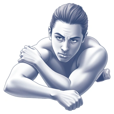 A close-up of a person's face showing a focused expression. The individual has sweat on their brow, indicating effort and concentration. Their eyes are narrowed, and the lips are pursed, emphasizing determination. The person's hair is pulled back, revealing their strong jawline and high cheekbones. In the foreground, the arm is positioned in a side plank, showcasing muscular definition and tension. The background is softly blurred to keep attention on the person's expression and posture.