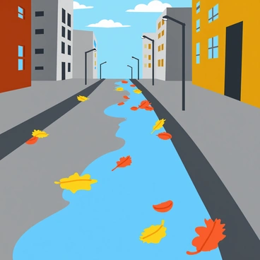 A rainy city street with gray pavement glistening under the rainfall. The street is lined with tall buildings featuring colorful windows. Puddles accumulate along the curbs, reflecting the vibrant hues of fallen leaves that have collected in them. Various shades of orange, yellow, and red leaves float gently on the water's surface. Raindrops create ripples in the puddles, adding a dynamic feel to the scene. Streetlights cast a warm glow, illuminating the wet surroundings and enhancing the reflections.