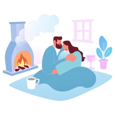 A man with a beard is sitting beside a woman with long hair, both wrapped in a cozy blanket. They are nestled closely together on a plush rug placed in front of a crackling fireplace, radiating warm light and flickering shadows. The room is softly illuminated by the glow of the fire, creating a warm atmosphere. A few logs are stacked neatly by the fireplace, and a steaming mug sits on a small table nearby. The walls are adorned with wooden panels, enhancing the cozy feel of the setting. A decorative plant is positioned in the corner, adding a touch of greenery to the scene.