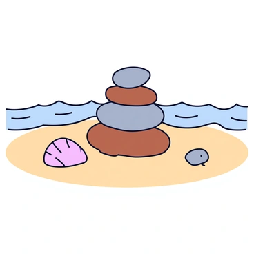 A stack of smooth, round stones varying in shades of gray and brown, balanced carefully on top of one another. The stones are positioned on a light tan sandy beach with soft ripples creating a natural pattern in the sand. The beach background features gentle waves lapping at the shore, while a few seashells are scattered nearby. The scene captures the sense of stability among the stones, with each stone resting securely due to the effects of static friction.