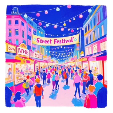 A street festival at night features a bustling scene filled with vibrant, colorful lights hanging above. There are numerous stalls adorned with bright decorations, selling various foods like popcorn, cotton candy, and grilled meats. People of all ages are enjoying the festivities, some dancing to music while others engage in lively conversations. A large banner reading "Street Festival" is draped across the street. In the background, tall buildings are silhouetted against the night sky, creating a sense of urban excitement.