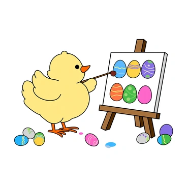 A fluffy yellow chick with small wings is standing upright, clutching a tiny paintbrush in its beak. It is focused on a white canvas placed on a small easel in front of it. The canvas showcases a variety of colorful Easter eggs, each uniquely decorated with bright patterns and designs. The surrounding area is scattered with several painted eggs, some still wet with vibrant paint. The chick's feathers are slightly ruffled, and a few drops of paint dot its small feet, emphasizing its playful artistic endeavor.