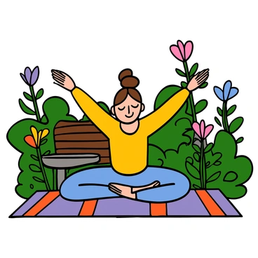 A woman with light skin and long brown hair tied in a bun is practicing yoga on a colorful mat in a tranquil garden. She is in a balanced pose, with her arms extended gracefully, showcasing her concentration. Surrounding her are lush green plants and vibrant flowers in various colors. The sunlight filters through the leaves, casting gentle shadows on the ground. In the background, there is a wooden bench and a small fountain, adding to the peaceful atmosphere of the garden.