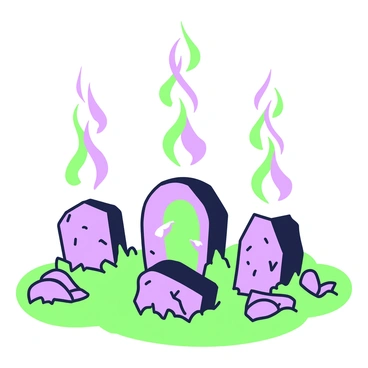 A landscape featuring open stone tombs scattered across the ground. Each tomb is rough-hewn and ancient-looking, with cracks and moss visible on the surface. Above the tombs, ethereal forms are rising, depicted as glowing flames that twist and dance upwards, creating a striking contrast to the stone. The flames are intricately detailed, flickering in various shapes, each representing a soul. The scene conveys a sense of mystery and intrigue, with the tombs arranged in a semi-circle, suggesting a gathering of spirits. The atmosphere is charged with energy as the flames rise higher towards the sky.