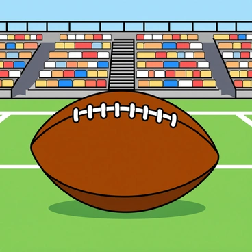 A brown American football sitting on a bright green turf field. The football has white laces and stitching that are clearly visible. In the background, there are rows of colorful stadium seats, arranged in a zigzag pattern, and some empty spaces between them. The sky is a clear blue, and the sunlight casts soft shadows on the field, highlighting the texture of the turf.