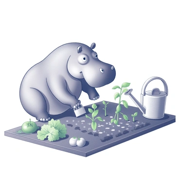A hippopotamus is crouching down in a vegetable garden. The hippopotamus is holding a small trowel with its front leg, carefully planting seeds in neat rows within the garden bed. Next to the hippopotamus, there is a watering can tilted slightly, pouring water over young green plants that are sprouting from the soil. Surrounding the garden are various vegetables, including leafy greens and a few small tomatoes. The scene conveys a sense of nurturing as the hippopotamus engages in gardening activities.