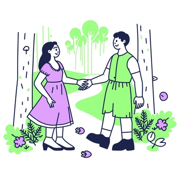 A forest with tall trees and a dappled light filtering through the leaves is depicted. In the center, Rosalind and Orlando are meeting. Rosalind has long hair and is wearing a flowing dress. She stands with a welcoming expression, her hands slightly outstretched. Orlando is in a tunic and trousers, looking at her with a warm smile. Around them, ferns and wildflowers are scattered on the ground, while a gentle breeze causes the leaves to flutter. In the background, a soft outline of a winding path leads deeper into the woods.