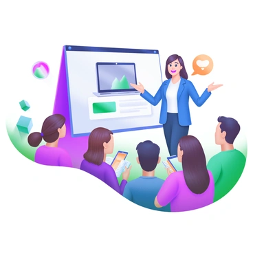 A modern pastel illustration featuring an enthusiastic presenter standing in front of a large screen displaying the latest gadget. The presenter, a woman with shoulder-length hair and wearing a vibrant blue blazer, gestures enthusiastically towards the screen. In the foreground, a curious audience composed of diverse individuals is engaged, with some sitting and others standing. The audience members display expressions of interest and excitement, holding notepads and smartphones. The background showcases colorful abstract shapes, enhancing the lively atmosphere of the presentation.