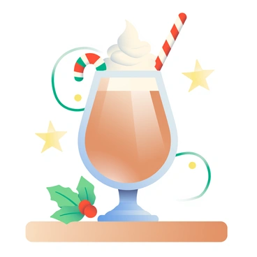 A glass filled with a rich, creamy holiday drink made with Baileys is placed on a wooden table. The drink is topped with a swirl of whipped cream, and a small, colorful candy cane is elegantly resting on the rim of the glass. In the background, there are twinkling fairy lights and a sprig of holly, adding to the festive atmosphere. The glass has a slight condensation, suggesting it is cold, and the surface of the table has a subtle wood grain texture.