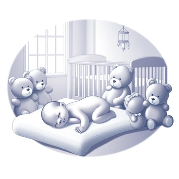 A newborn baby is lying on a soft, plush blanket in a nursery. The baby is peacefully sleeping, with tiny hands curled up beside the face. Surrounding the baby are several teddy bears of varying sizes and designs, some with bows around their necks. The nursery is filled with decorative elements such as a crib with white linens and a mobile hanging above. Soft textures and gentle shapes create a warm and inviting atmosphere in the room. Sunlight streams in through a window, casting soft shadows on the walls.