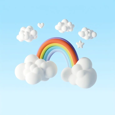 Fluffy white clouds in various shapes float in a bright blue sky. Some clouds are shaped like stars, hearts, and spirals, appearing to interact with each other. A vibrant rainbow arcs gracefully across the scene, its colors blending seamlessly from red to violet. The sunlight casts a soft glow, illuminating the clouds and the rainbow, enhancing the whimsical atmosphere of the image.