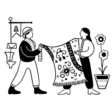 Two individuals exchanging traditional garments in a cultural exchange setting. Each person is dressed in intricate attire representing their respective cultures, showing detailed patterns and textures. One individual is handing over a beautifully woven shawl, while the other is presenting a vibrant, embroidered dress. The background features decorative elements that highlight the cultural significance of the garments being exchanged, such as banners or artifacts. The scene conveys a sense of connection and appreciation for diverse traditions.