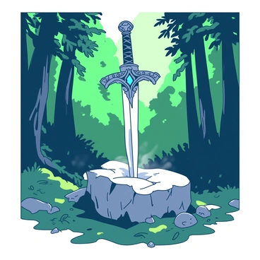An ancient sword with a silver blade is embedded in a rough gray stone. The hilt of the sword is ornately designed, featuring intricate patterns and a deep blue gem at its center. Surrounding the stone, there is a dense forest filled with tall green trees and lush undergrowth. Sunlight filters through the leaves, creating dappled patches of light on the ground. A gentle mist rises from the forest floor, adding an aura of mystery to the scene.