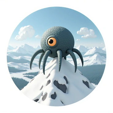 A large beholder, with a spherical body covered in rugged, scaled skin, is perched atop a snowy mountain peak. Its numerous eyestalks extend outward, each ending with a distinct eye that gazes intently at the landscape below. The mountain is steep and jagged, surrounded by a blanket of pristine white snow that glistens under the sunlight. The beholder's main eye is a vivid shade of orange, contrasting sharply with its dark, textured skin. In the distance, valleys and forests are visible, partially obscured by swirling clouds of mist, while the sky above is bright with clear blue tones. The scene conveys a sense of power and vigilance as the beholder surveys its domain.