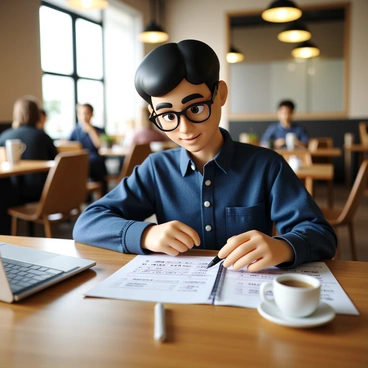 A small business owner with short black hair and glasses is sitting at a café table, looking intently at a notepad. The notepad is filled with handwritten notes and calculations related to the accounting equation. The owner is wearing a blue button-up shirt and has a coffee cup on the table next to them. A laptop and a pen are also on the table, while the café has a warm ambiance with soft lighting and wooden furniture. There are other patrons in the background, enjoying their drinks and conversations.