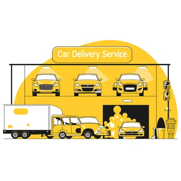 An organized garage filled with various cars waiting for delivery. Several cars are neatly parked, showcasing different models and sizes. A white delivery truck is positioned near the entrance, ready to load the cars. Bright overhead lights illuminate the space, highlighting the shiny exteriors of the vehicles. There are tools and equipment arranged on shelves along the walls, contributing to the efficient atmosphere. A large sign with the words "Car Delivery Service" hangs prominently, adding to the organized feel of the garage.