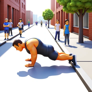A fitness enthusiast with a muscular build performing incline push-ups on a concrete city street curb. The individual is dressed in a fitted athletic tank top and shorts, with a focused expression on their face. The city street is lined with brick buildings, and there are a few trees along the sidewalk. Nearby, a couple of pedestrians walk by, some glancing at the fitness enthusiast. The sun creates sharp shadows on the pavement, emphasizing the person's form during the exercise.