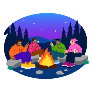 A campfire with bright orange flames and glowing embers burning in the center. Surrounding the fire, there are four explorers seated on large, flat rocks. Each explorer is wearing a mix of outdoor gear, including colorful jackets and sturdy boots. The background features tall, dark silhouettes of trees against the fading light of dusk. The sky above is a gradient of deep blue and purple with a few faint stars beginning to appear. The explorers are animatedly sharing stories, with one pointing toward the fire, while another laughs, their faces illuminated by the warm glow. A marshmallow on a stick is held up near the flames by one of the explorers.