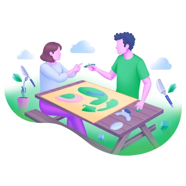 A modern pastel illustration depicting two neighbors discussing a boundary issue. They are seated at a wooden picnic table covered with a garden map, which displays different sections of their yards. One neighbor, a woman with short brown hair wearing a light blue shirt, points at the map while the other neighbor, a man with curly hair in a green T-shirt, looks attentively. Surrounding the table are various gardening tools, like a trowel and pruning shears, along with a small potted plant. The background features vibrant green grass and a clear blue sky.