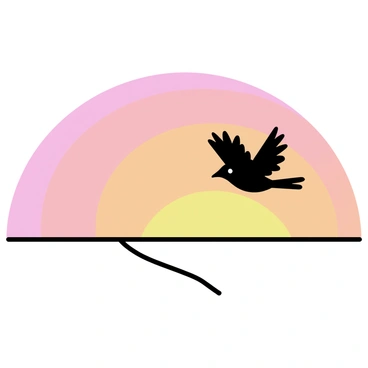 A lone black bird is flying in the sky, creating a silhouette against a vibrant sunrise. The sky is filled with gradients of orange, pink, and yellow hues blending together as the sun rises on the horizon. The bird's wings are outstretched, capturing the light from the sun, which is just peeking above the landscape.