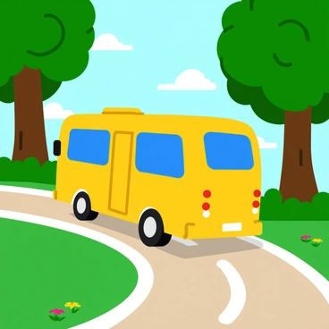 An electric school bus with a bright yellow exterior drives quietly along a winding nature path. The bus features large windows and visible wheels, showcasing its modern design. Tall trees line both sides of the path, their green leaves providing a vibrant canopy overhead. Sunlight filters through the branches, creating dappled patterns on the ground. Small wildflowers bloom along the edges of the path, adding splashes of color to the serene setting.