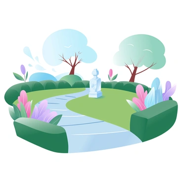 A well-kept garden features a variety of vibrant flowers in full bloom, showcasing an array of colors and textures. A neatly trimmed hedge borders the garden, providing structure and definition. A stone path winds through the greenery, leading to a small statue made of white marble, which stands serenely at the far end. The statue depicts an abstract representation of tranquility, surrounded by soft, gentle plants. In the background, a few trees provide a natural canopy, filtering the sunlight that creates a warm ambiance throughout the garden.