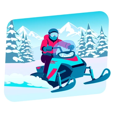 A snowy landscape with vast white expanses and snow-covered trees in the background, featuring a bright blue sky. A snowmobile is in motion, kicking up snow as it speeds through the terrain. The rider is wearing ski goggles that reflect the dynamic scenery, capturing the details of the snowy trail, trees, and the distant mountains. The goggles have a sleek design, emphasizing their function and style. The scene conveys a sense of speed and adventure in a wintry environment.