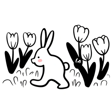 A rabbit with long ears and a fluffy tail is wandering through rows of tulips. Each tulip is represented in a detailed manner, showcasing their unique shapes and patterns. The rabbit is positioned among the flowers, with some tulips bending slightly as if touched by an unseen breeze. The scene captures the essence of the rabbit's exploration among the floral rows, with the ground textured beneath its paws.