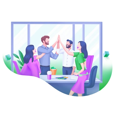 A modern office space with sleek furniture and large windows allowing natural light to filter in. A group of four colleagues, two men and two women, are gathered in the center, all smiling and raising their hands for a high-five. One man has curly hair and is wearing a blue shirt, while the other man is dressed in a white button-up shirt with rolled-up sleeves. One woman has long straight hair and is wearing a green blouse, and the other woman has short hair styled in a bob, dressed in a pink dress. Various office supplies and plants are placed around the room, adding to the lively atmosphere.