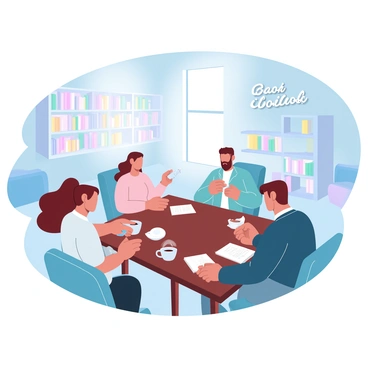 A group of four people are seated around a wooden table in a cozy library. Each person is holding a book and is engaged in a lively discussion. Two women have steaming cups of coffee in front of them, while a man is jotting down notes on a notepad. The room is filled with tall bookshelves that are lined with various books. Warm light filters in through a nearby window, illuminating the scene. In the background, there are comfortable chairs and a small bookshelf filled with more colorful books. A large "Book Club" sign is displayed on the wall.