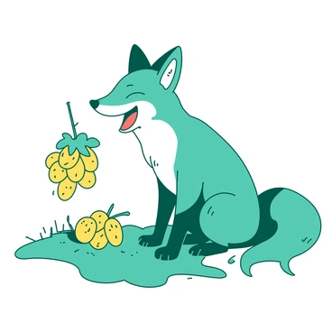 A teal fox is sitting on a grassy patch, leaning slightly forward as it shares a laugh with a group of yellow grapes that are arranged in a small cluster. The fox has its eyes closed in delight, with its mouth open in a joyful expression. The grapes have small eyes and smiling faces, appearing animated and cheerful in response to the fox's humor. Sunlight filters down, casting gentle shadows around them, creating a lighthearted and playful atmosphere.