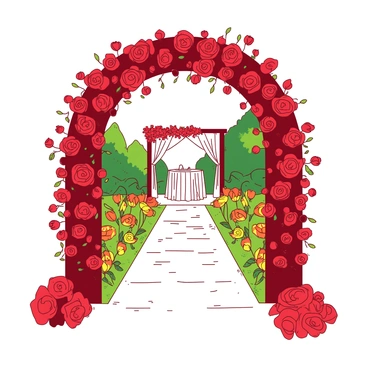 A red floral archway is adorned with various flowers, including roses and tulips, creating a colorful entrance. Underneath the archway, there is a narrow path made of white stones that leads through a vibrant garden filled with lush greenery. On either side of the path, there are clusters of colorful flowers in shades of orange and yellow. At the end of the path, a white wedding altar is elegantly decorated with draping fabric and additional flowers, set against the backdrop of the garden.